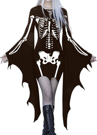 Generic Halloween Skeleton Dress Women Witch Plus Size Bodycon Mini Spider Flared Bell Long Sleeve Cosplay Costume Crewneck Slim Fit Black Cat Pencil Dresses 
