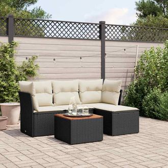 vidaXL Set De Muebles De Jard&iacute;n 5 Pzas Y Cojines Rat&aacute;n Sint&eacute;tico Negro Vidaxl