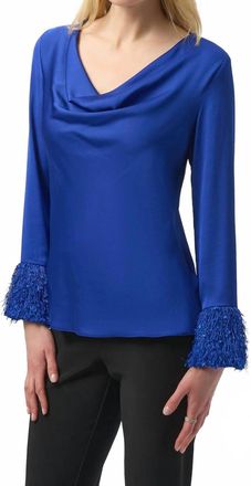Joseph Ribkoff Cowl Neck Fringe Cuff Satin Top In Royal Sapphire