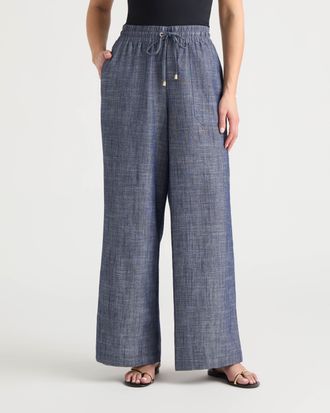Ellen Tracy Womens Wide Leg Chambray Pant with Porkchop Pocket