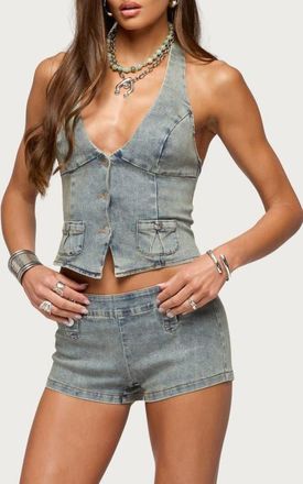 Edikted Sashe Denim Halter Top in Blue-Vintage-Washed at Nordstrom, Size X-Small