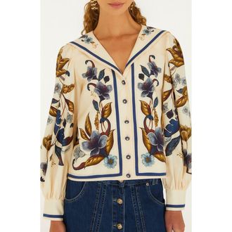 Farm Rio Golden Nature Floral Sailor Collar Button-Up Top in Golden Nature Cream at Nordstrom, Size X-Large