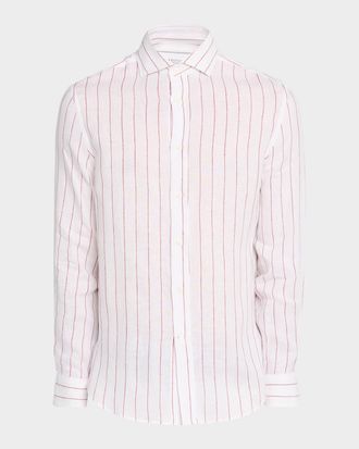 Brunello Cucinelli Mens Linen Pinstripe Spread Collar Button-Down Shirt