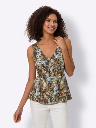 Heine Shirttop HEINE, Damen, Gr. 34, gr&uuml;n (khaki, ecru, bedruckt), 95% Viskose, 5% Elasthan, bedruckt, gebl&uuml;mt, gemustert, mehrfarbig, V-Ausschnitt, Tops Sh