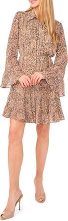 CeCe by Cynthia Steffe Leopard Tiered Long Sleeve Shirtdress in Dune at Nordstrom, Size X-Small