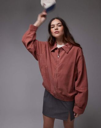 Topshop Giacca in velluto a coste color chutney con zip-Marrone