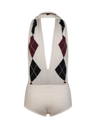 MUGLER Intarsia Argyle Virgin Wool Bodysuit - Beige