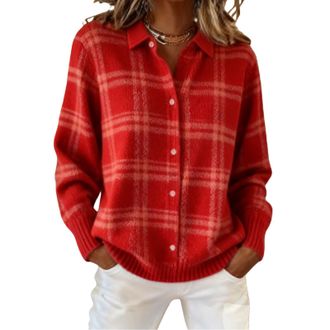 Generic Womens Plaid Print Casual Cotton Buttoned Cardigan Sweater, Plaid Knitted Cropped Cardigan Sweater 2026 (J,L)