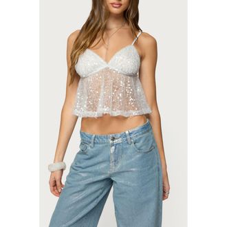 Edikted Sheer Sequin Mesh Babydoll Camisole in Silver at Nordstrom, Size X-Large