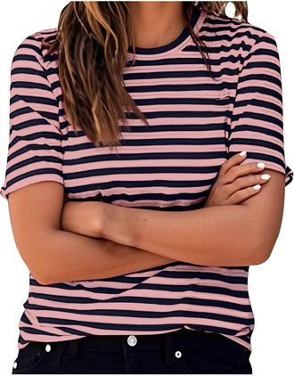 Generic Ladies Striped Tops 2025 Spring Short Sleeve Crewneck Shirts UK Fashion Lightweight Pullover Blouse Dressy Casual Loose Fit Tee Shirts