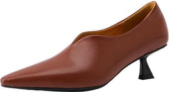 TinaCus Womens Genuine Leather Handmade Pointed Toe V-Cut Pull On Low Kitten Heel Pumps Shoes, Brown, 3 UK