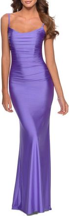 La Femme Long Ruched Jersey Dress with Thin Straps in Periwinkle at Nordstrom, Size 12