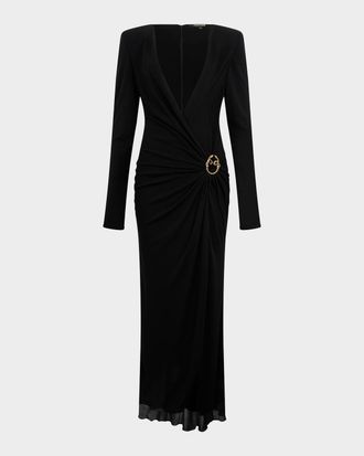Roberto Cavalli Plunging Draped Crepe Jersey Long-Sleeve Gown
