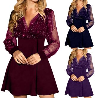 Generic Evening Dresses for Women UK Elegant V-Neck Party Dress Dress Sexy Sparkle Sequin Mini Dress Fashion Glitter Long Sleeve Tulle Dress Short Wedding Gue