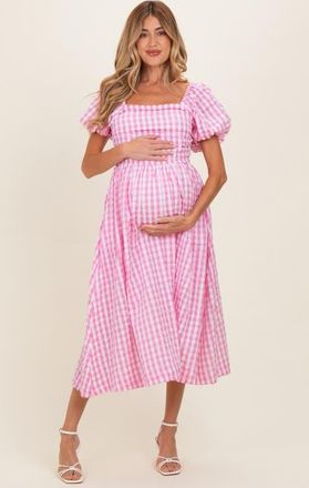 Pinkblush Gingham Puff Sleeve Midi Dress at Nordstrom, Size Small