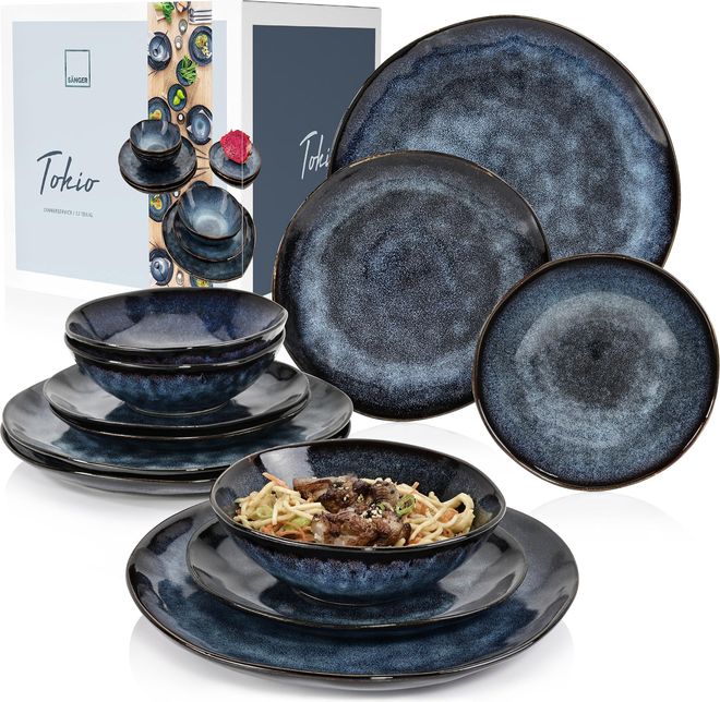 Sänger | Teller Set Tokio 12 tlg, Steingut Geschirrset 4 Personen, Tafelservice inkl. Speiseteller Kuchenteller & Schüssel Set, Speiseservice Dunkelblau mit ab 119,99 €