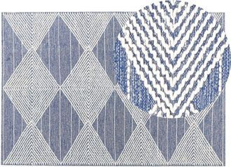 Beliani Beliani - Handwoven Wool Rug Geometric Pattern 140 x 200 cm Light Beige and Blue Datca