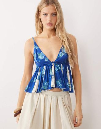 Free People Canottiera a peplo blu misto con scollo a V