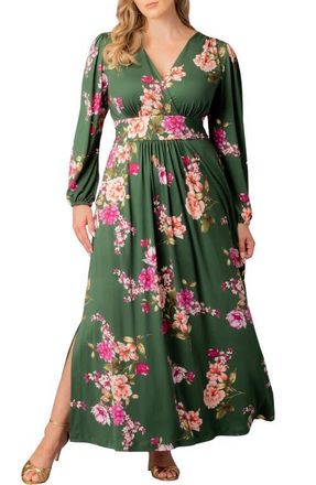 Kiyonna Kelsey Long Sleeve Maxi Dress in Green Floral Print at Nordstrom, Size 0X