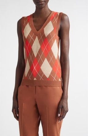 St. John Argyle Plaid Wool Blend Sweater Vest in Camel/rust/persimmon Multi at Nordstrom, Size X-Large