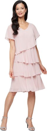 S.L. Fashions Womens V-Neck Chiffon Cocktail Dress with Beaded Shoulders and Asymmetrical Tiers (Petite and Regular Sizes), Faded Rose, 18