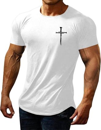 Generic Workout T-Shirt Men - Gym Short Sleeve T-Shirt Crew Neck Cross Pattern Print T-Shirt Skin-Friendly Casual Undershirt Everyday Wear Super Soft T-Shirt 