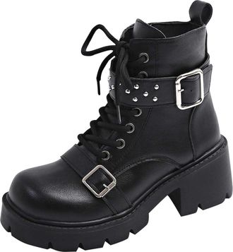 Generic Womens Ankle Boots Buckle Rivets Biker Boot Lace Up Combat Boots Wedge Riding Boot, Ladies Faux Leather Booties Platform Sole Round Toe Shoes Side Zip