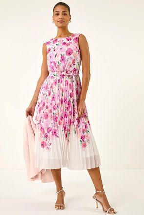 Roman Floral Pleated Midi Dress