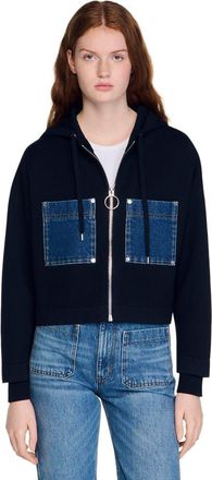 Sandro Knit and denim sweatshirt in Navy Blue at Nordstrom, Size X-Small