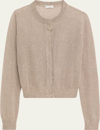 Brunello Cucinelli Linen-Silk Pailette Knit Crewneck Snap Cardigan