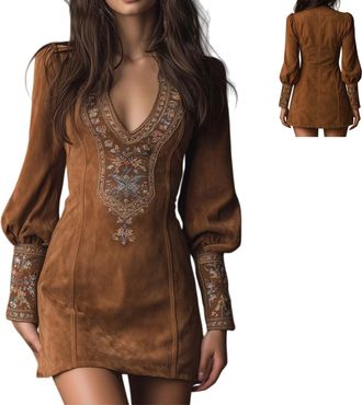 Generic Womens Vintage Embroidered Dress Suede V-Neck Long-Sleeved Slim-Fit Mini Sexy Dress Solid Retro Western Christmas Dresses (Brown,XXL)