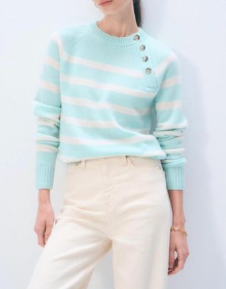 White + Warren Featherweight Cashmere Striped Sweater In Light Aqua/soft White