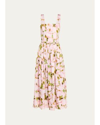 Oscar De La Renta Belted Sleeveless Watercolor Iris Poplin Dress