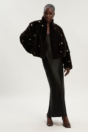 Karen Millen Crystal Embellished Faux Fur Short Coat in Chocolate at Nordstrom, Size 10