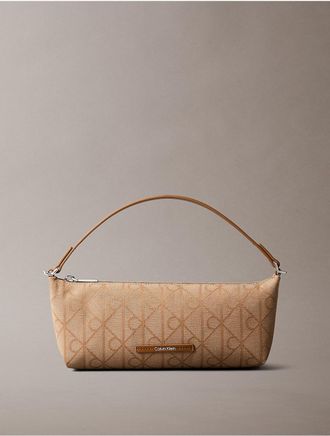 Calvin Klein Womens Allover Emblem Logo Canvas Shoulder Bag - Beige/Khaki