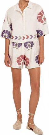 Greek Archaic Kori Mini Peacock Short Sleeve Shirt In White-Purple