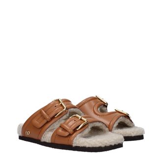 Valentino Garavani Womens Brown Leather Slippers