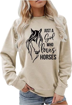 Generic Hoodies Jumpers for Women UK Just A Girl Who Loves Horses Jumpers for Women Equestrian Casual Long Sleeve Sweatshirt Pullover Horse Lover Shirt Tops
