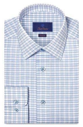 David Donahue Regular Fit Check Cotton Dobby Dress Shirt in White/Blue at Nordstrom, Size 17.5 - 34