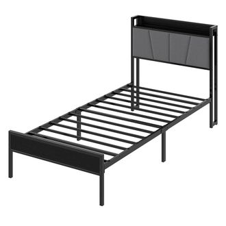 Levede Metal Bed Frame Platform Linen Upholstered Headboard Storage in Black | Size: Double