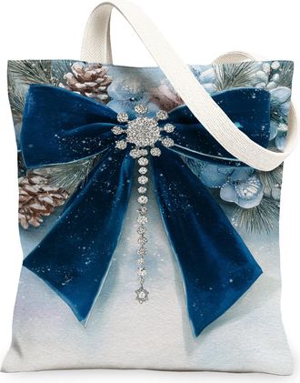 Generic Winter Blue Bow Canvas Tote Bags, Elegant Floral Design Reusable Grocery Bags, Vintage Holiday Lightweight Washable Shoulde, Blue, 13x15 Inch