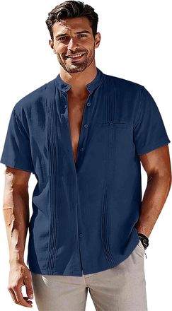 Generic Cotton Linen Shirts for Men Adult Summer Short Sleeve Casual Shirts Stand Collar Regular Fit Shirt Fashion Lightweight Button Down Tshirts Hawaiian We