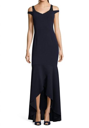 Adrianna Papell Cold Shoulder Trumpet High Low Maxi Dress In Garnet