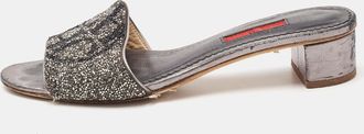 Carolina Herrera Grey Leather Crystal Embellished Logo Slide Sandals