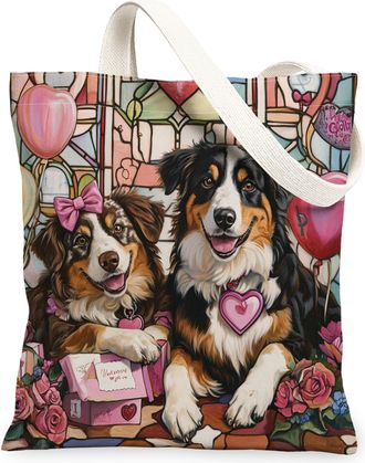 Generic Valentines Day Australian Shepherd Dog Canvas Tote Bag for Shopping 13x15, Stained Glass Puppy Reusable Grocery Print Pattern Bag for Women, Couple Be