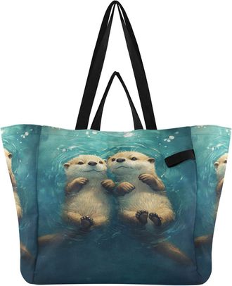 Generic Blue Sea Otter print Reusable Canvas Tote Bag, Heavy Duty Grocery Shopping Bag with Double Handles Large Capacity Hard Bottom Work Groceries Travel
