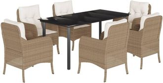 vidaXL 7 Piece Garden Dining Set with Cushions Beige Poly Rattan Vidaxl