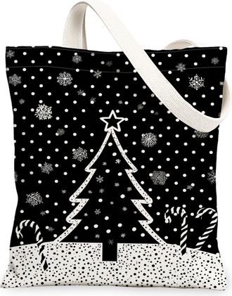 Generic Christmas Tree Canvas Tote Bags, Snowflake Pattern Reusable Grocery Bags, Festive Modern Lightweight Washable Shoulder Stra, Black, 13x15 Inch