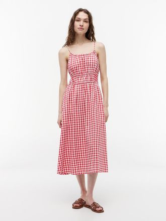 Tommy Hilfiger Womens Gingham Shirred Linen-Blend Midi Dress - Pink - XXL