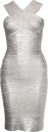 H&eacute;rve L&eacute;ger by Max Azria, silver off shoulder body con dress